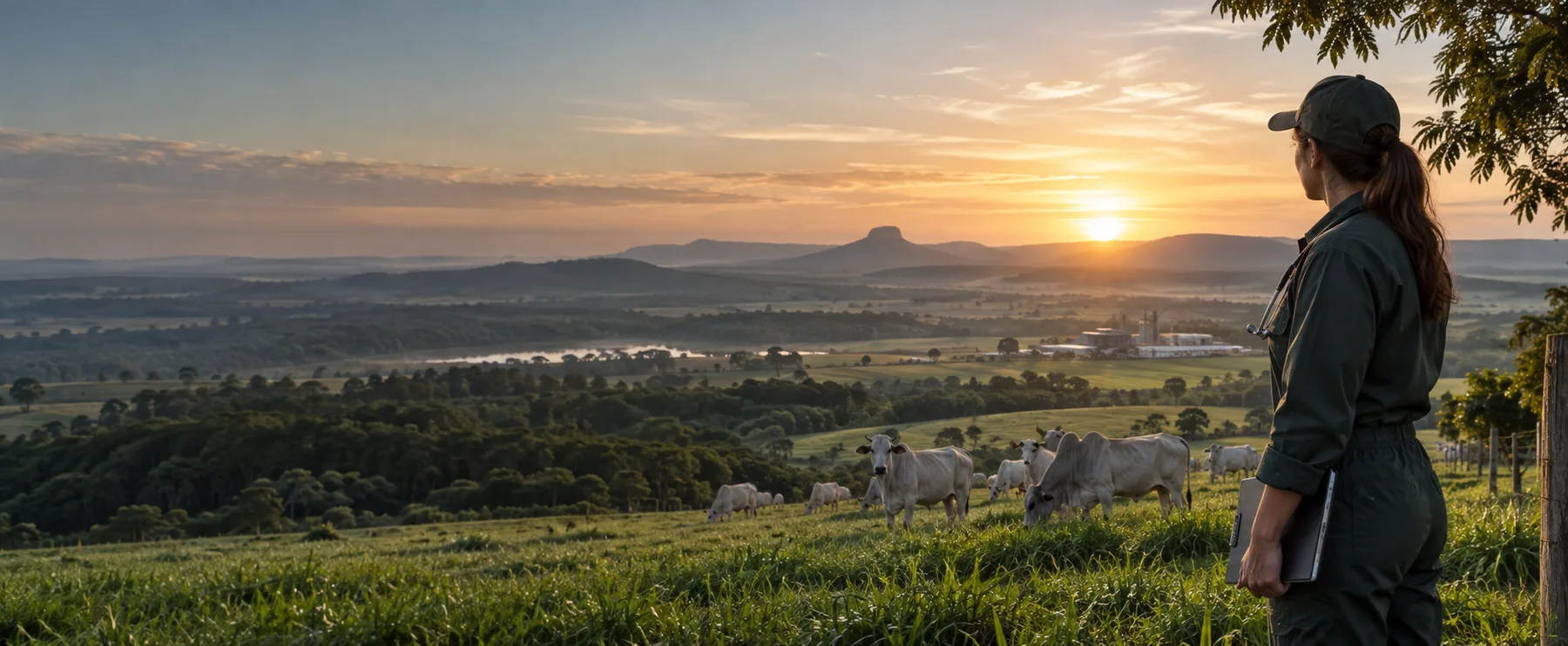 Médica-veterinária observa uma criação bovina em uma paisagem brasileira ao amanhecer
